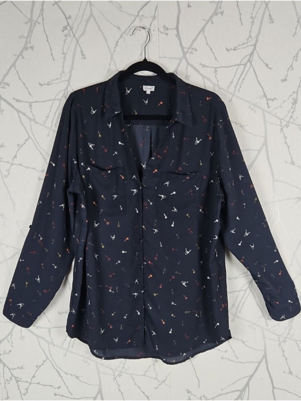 Kismet Navy Georgette Keys Printed Collared V-Neck Blouse